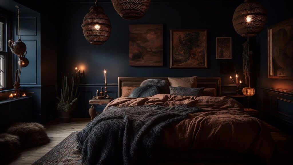 Cozy rustic bedroom with candlelit ambiance, featuring a bed adorned with a rug